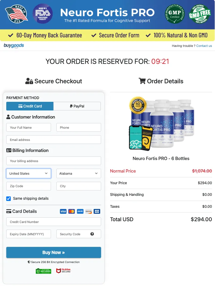 Supplement Order Page Neuro Fortis PRO Order Page